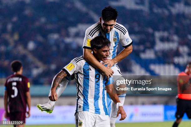 Agustin Ruberto of Argentina celebrates his goal during FIFA U-17 World Cup Round of 16 match between Argentina and Venezuela at Si Jalak Harupat...