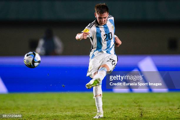Franco Mastantuono of Argentina looks to bring the ball down during FIFA U-17 World Cup Round of 16 match between Argentina and Venezuela at Si Jalak...