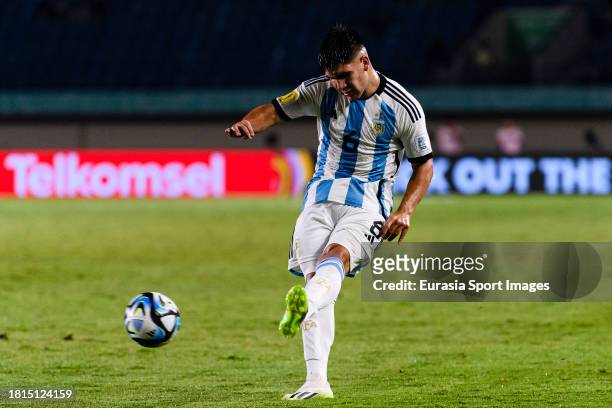 Juan Villalba of Argentina makes a pass during FIFA U-17 World Cup Round of 16 match between Argentina and Venezuela at Si Jalak Harupat Stadium on...