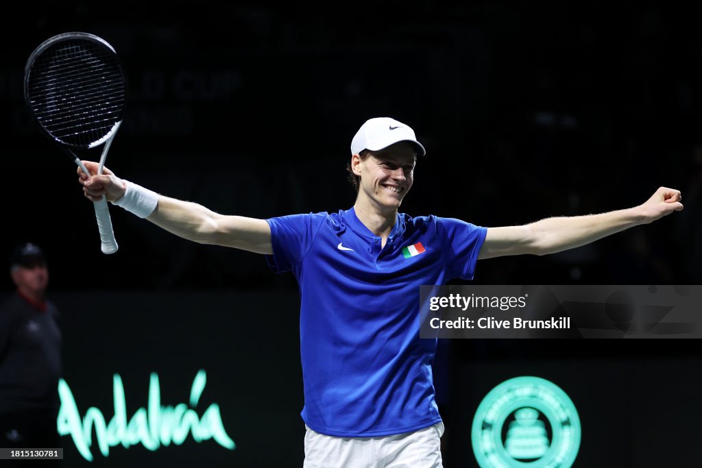 Jannik Sinner of Italy celebrates winning match point during the