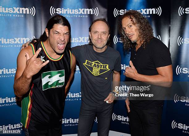 Robert Trujillo, Lars Ulrich and Kirk Hammett of Metallica attend private, exclusive concert for SiriusXM listeners at The Apollo Theater on...