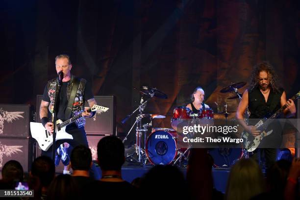 James Hetfield, Lars Ulrich and Kirk Hammett of Metallica perform private, exclusive concert for SiriusXM listeners at The Apollo Theater on...