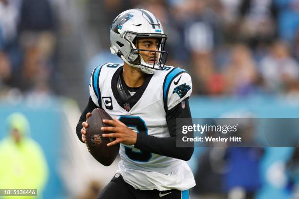 Bryce Young of the Carolina Panthers attempts a pass during the second quarter against the Tennessee Titans at Nissan Stadium on November 26, 2023 in...