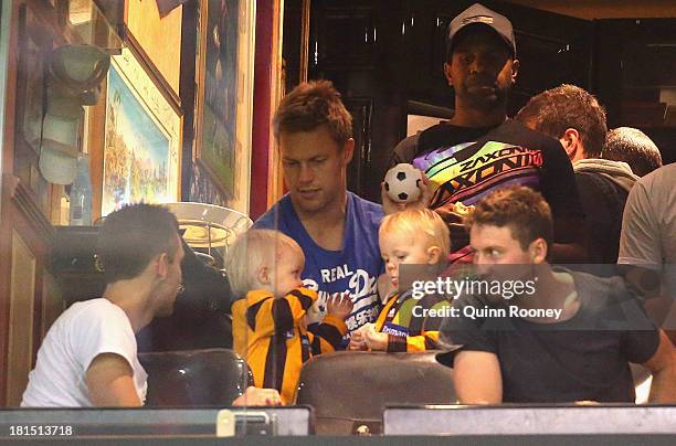 Sam Mitchell and Liam Shiels of the Hawks watches on during the VFL Grand Final match between the Box Hill Hawks and the Geelong Cats at Etihad...