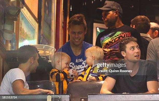 Sam Mitchell and Liam Shiels of the Hawks watches on during the VFL Grand Final match between the Box Hill Hawks and the Geelong Cats at Etihad...