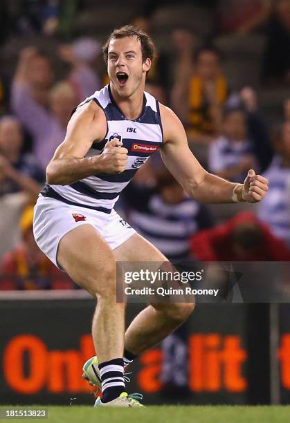 Josh Walker of the Cats celebrates kicking a goal during the VFL Grand Final match between the Box Hill Hawks and the Geelong Cats at Etihad Stadium...