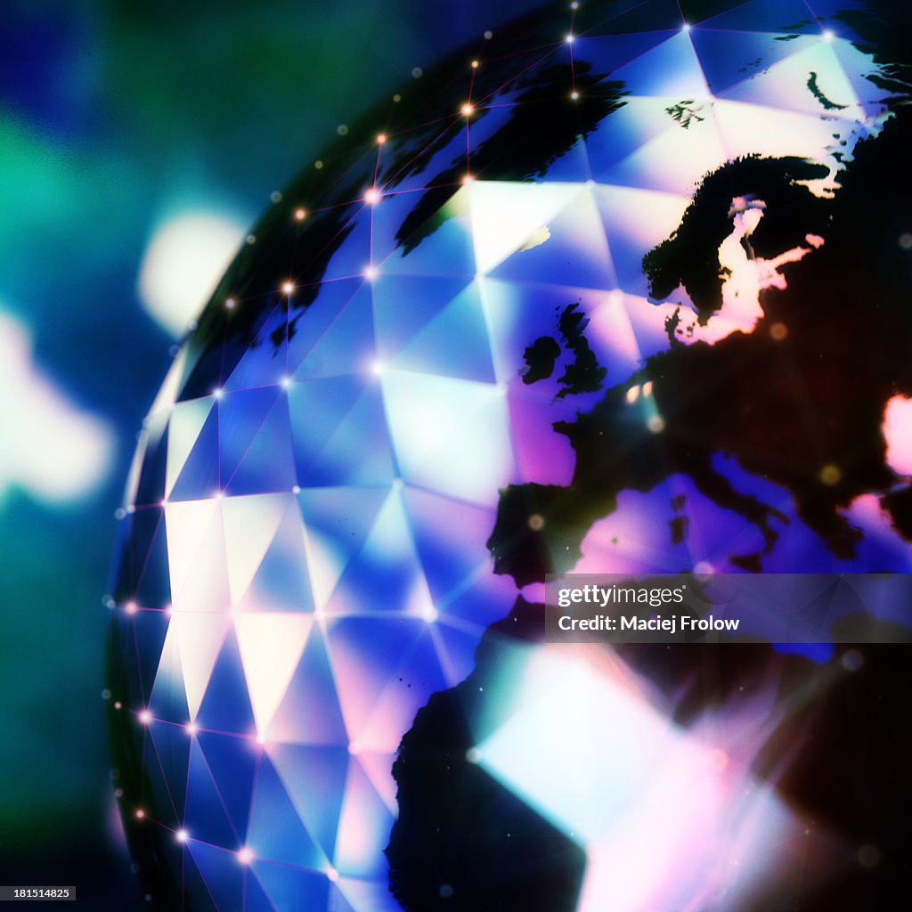 World globe and grid of telecommunications nodes