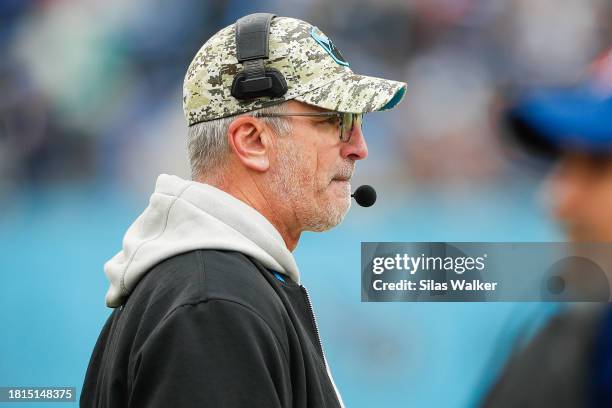 Head coach Frank Reich of the Carolina Panthers looks on during the second quarter against the Tennessee Titans at Nissan Stadium on November 26,...