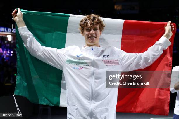 Jannik Sinner of Italy celebrates winning match point during the Davis Cup Final match against Alex De Minaur of Australia at Palacio de Deportes...