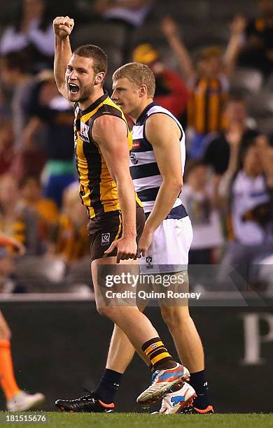 Mitch Hallahan of the Hawks celebrates kicking a goal during the VFL Grand Final match between the Box Hill Hawks and the Geelong Cats at Etihad...