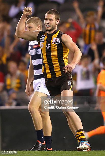 Mitch Hallahan of the Hawks celebrates kicking a goal during the VFL Grand Final match between the Box Hill Hawks and the Geelong Cats at Etihad...