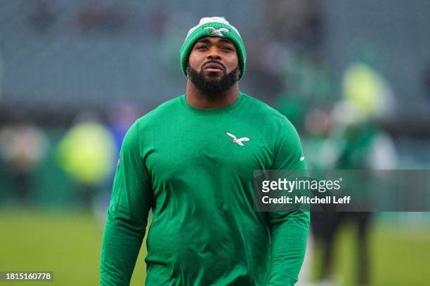 Brandon Graham of the Philadelphia Eagles looks on prior to a game against the Buffalo Bills at Lincoln Financial Field on November 26, 2023 in...