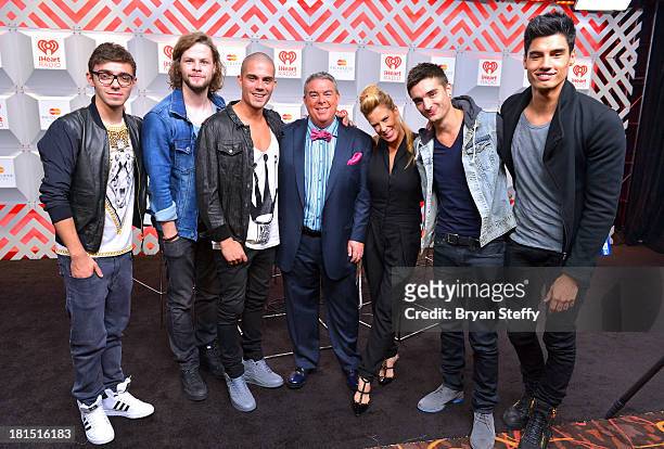 Nathan Sykes, Jay McGuiness, Max George, Elvis Duran, Ellen K, Tom Parker and Siva Kaneswaran attend the iHeartRadio Music Festival at the MGM Grand...