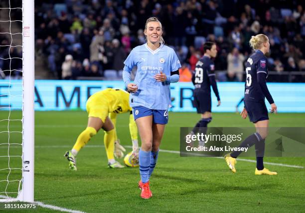 Jill Roord of Manchester City celebrates after scoring the team's fifth goal during the Barclays Women´s Super League match between Manchester City...