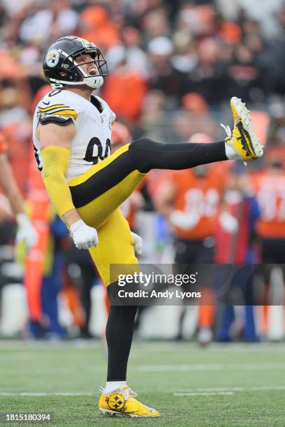 Watt of the Pittsburgh Steelers reacts to a sack during the fourth quarter of a game against the Cincinnati Bengals at Paycor Stadium on November 26,...