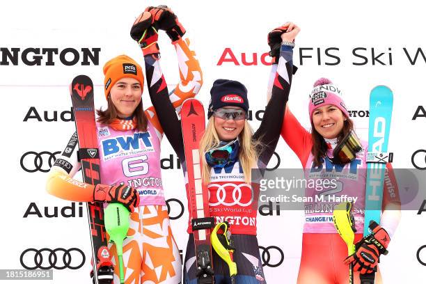 Petra Vlhova of Team Slovakia second place, Mikaela Shiffrin of Team USA first place and Wendy Holdener of Team Switzerland third place look on from...
