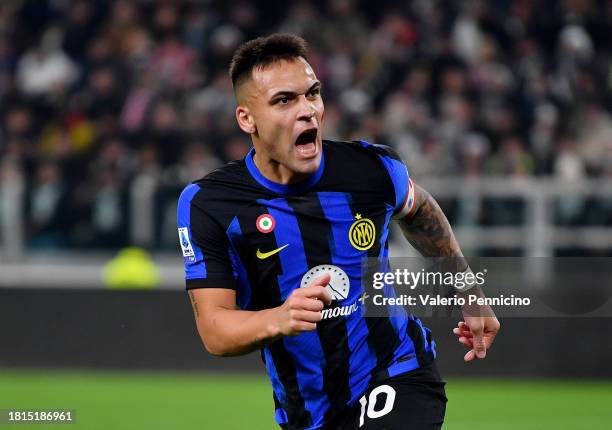 Lautaro Martinez of FC Internazionale celebrates after scoring the team's first goal during the Serie A TIM match between Juventus and FC...