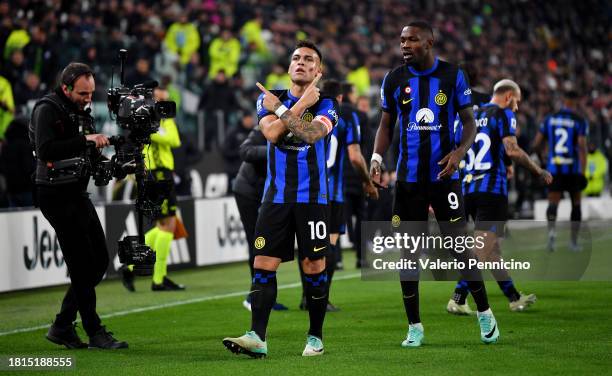 Lautaro Martinez of FC Internazionale celebrates after scoring the team's first goal during the Serie A TIM match between Juventus and FC...