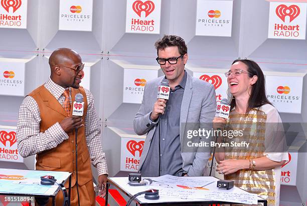 Floyd Mayweather Jr, Bobby Bones and Kennedy attend the iHeartRadio Music Festival at the MGM Grand Garden Arena on September 21, 2013 in Las Vegas,...