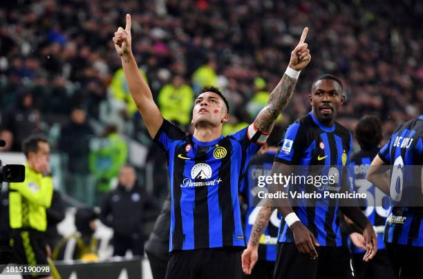 Lautaro Martinez of FC Internazionale celebrates after scoring the team's first goal during the Serie A TIM match between Juventus and FC...