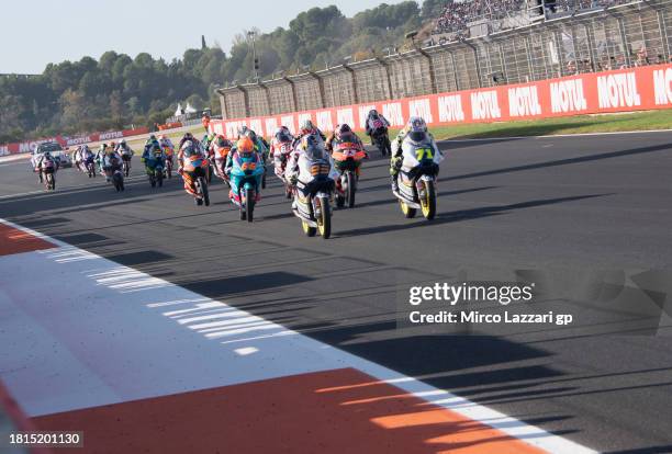 The Moto3 riders start from the grid during the Moto3 race during the MotoGP of Valencia - Race at Ricardo Tormo Circuit on November 26, 2023 in...