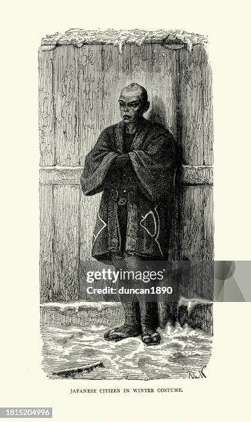 japanese man in winter costume, victorian japan history fashion 19th century - only japanese stock illustrations