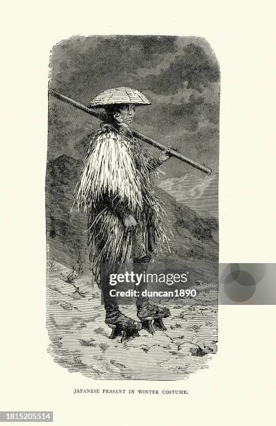 japanese peasant in winter costume, kasa hat, geta footwear, straw cloak, victorian japan history fashion 19th century - only japanese stock illustrations