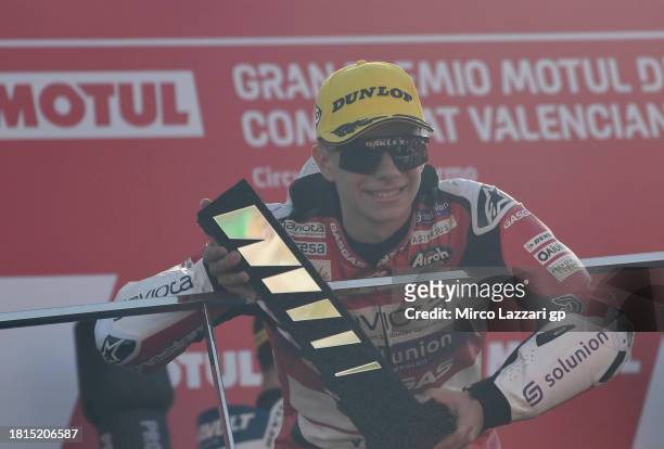 David Alonso of Colombia and GasGas Aspar Team celebrates the second place on the podium during the Moto3 race during the MotoGP of Valencia - Race...