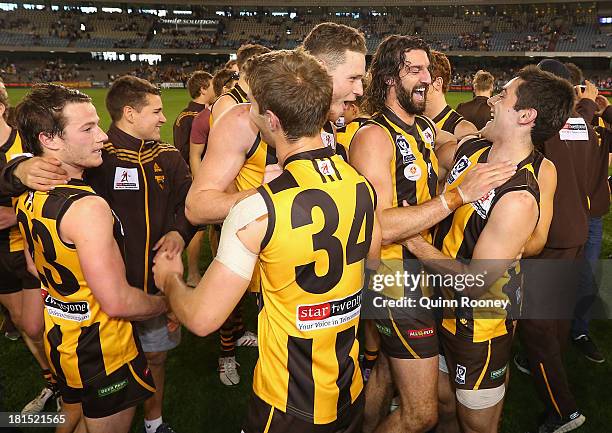 The Box Hill Hawks celebrate winning the VFL Grand Final match between the Box Hill Hawks and the Geelong Cats at Etihad Stadium on September 22,...