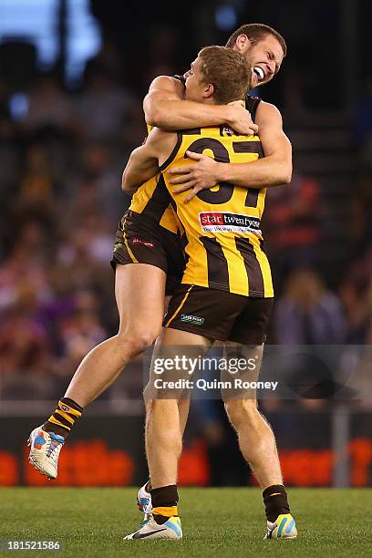 Mitch Hallahan and Jed Anderson of the Hawks celebrate winning the VFL Grand Final match between the Box Hill Hawks and the Geelong Cats at Etihad...