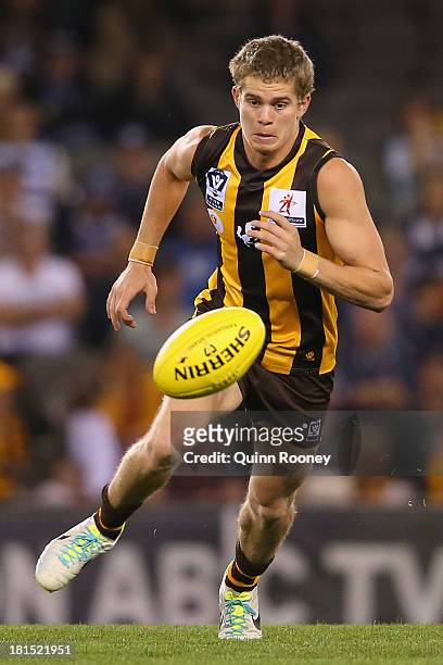 Jed Anderson of the Hawks chases after the ball during the VFL Grand Final match between the Box Hill Hawks and the Geelong Cats at Etihad Stadium on...