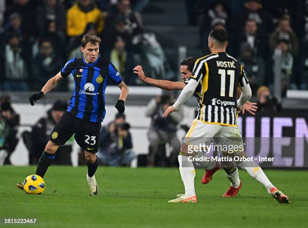 Nicolo Barella of FC Internazionale in action during the Serie A TIM match between Juventus and FC Internazionale at on November 26, 2023 in Turin,...