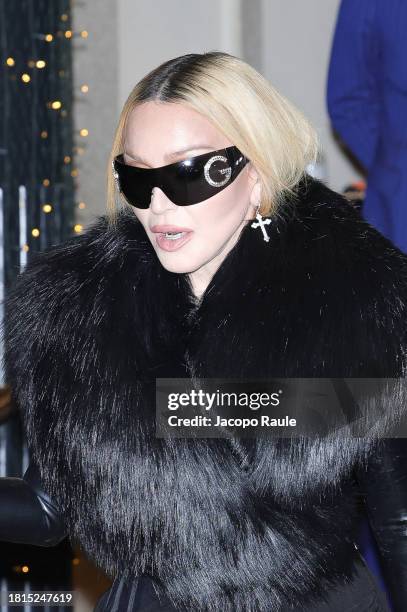 Madonna is seen leaving Hotel Palazzo Parigi on November 26, 2023 in Milan, Italy.