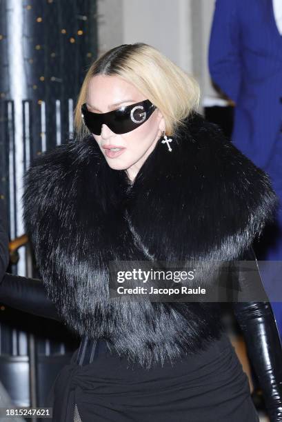 Madonna is seen leaving Hotel Palazzo Parigi on November 26, 2023 in Milan, Italy.