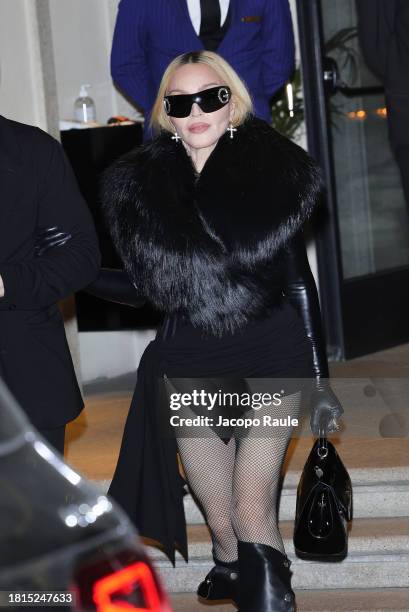 Madonna is seen leaving Hotel Palazzo Parigi on November 26, 2023 in Milan, Italy.