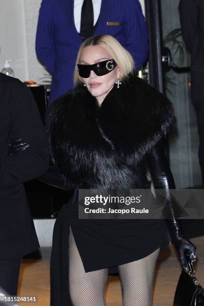 Madonna is seen leaving Hotel Palazzo Parigi on November 26, 2023 in Milan, Italy.