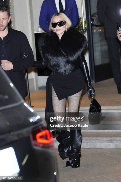 Madonna is seen leaving Hotel Palazzo Parigi on November 26, 2023 in Milan, Italy.