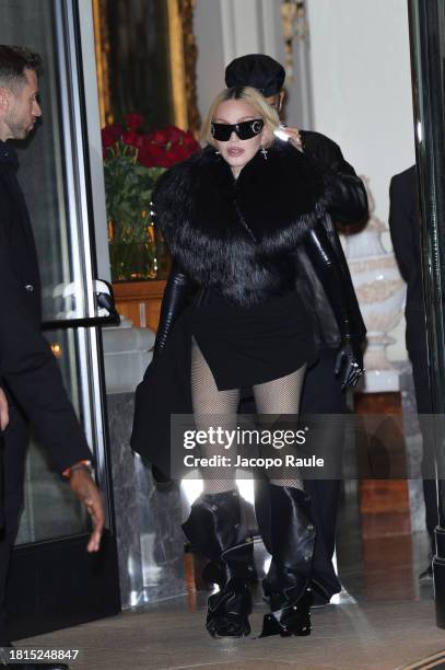 Madonna is seen leaving Hotel Palazzo Parigi on November 26, 2023 in Milan, Italy.