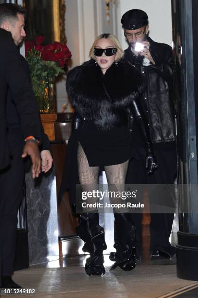 Madonna is seen leaving Hotel Palazzo Parigi on November 26, 2023 in Milan, Italy.