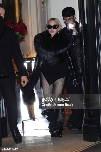 Madonna is seen leaving Hotel Palazzo Parigi on November 26, 2023 in Milan, Italy.