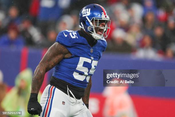 Jihad Ward of the New York Giants celebrates after a sack during the fourth quarter against the New England Patriots at MetLife Stadium on November...