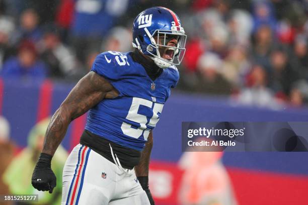 Jihad Ward of the New York Giants celebrates after a sack during the fourth quarter against the New England Patriots at MetLife Stadium on November...