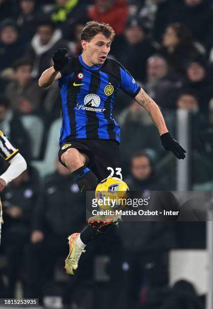 Nicolo Barella of FC Internazionale in action during the Serie A TIM match between Juventus and FC Internazionale at on November 26, 2023 in Turin,...