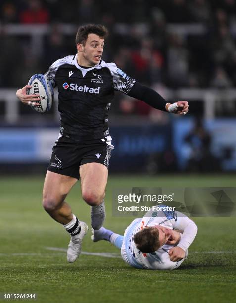 Falcons wing Adam Radwan breaks the tackle of Exeter player Will Haydon-Wood during the Gallagher Premiership Rugby match between Newcastle Falcons...
