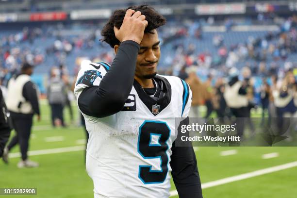 Bryce Young of the Carolina Panthers walks off the field after a game against the Tennessee Titans at Nissan Stadium on November 26, 2023 in...