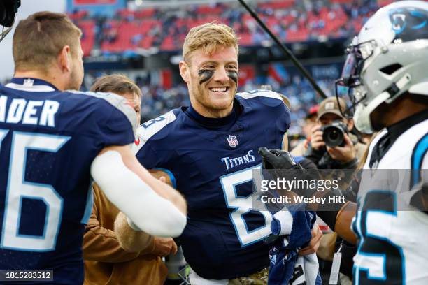 Will Levis of the Tennessee Titans reacts after defeating the Carolina Panthers at Nissan Stadium on November 26, 2023 in Nashville, Tennessee.