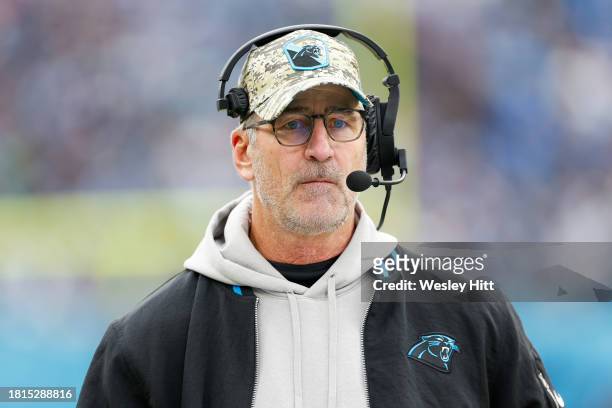 Head coach Frank Reich of the Carolina Panthers looks on during the second half of the game against the Tennessee Titans at Nissan Stadium on...