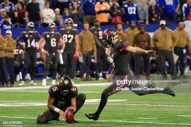 Chase McLaughlin of the Tampa Bay Buccaneers kicks a field goal in the fourth quarter of the game against the Indianapolis Colts at Lucas Oil Stadium...