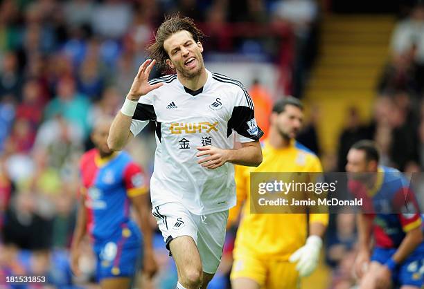 Michu of Swansea City celebtates his goal during the Barclays Premier League match between Crystal Palace and Swansea City at Selhurst Park on...