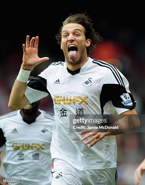 Michu of Swansea City celebtates his goal during the Barclays Premier League match between Crystal Palace and Swansea City at Selhurst Park on...
